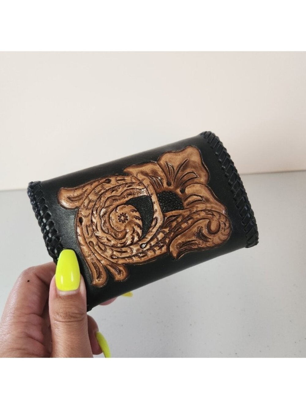 Vintage Tooled Black Leather Wallet Mens Handmade 1970s Western Boho Cowboy 70s